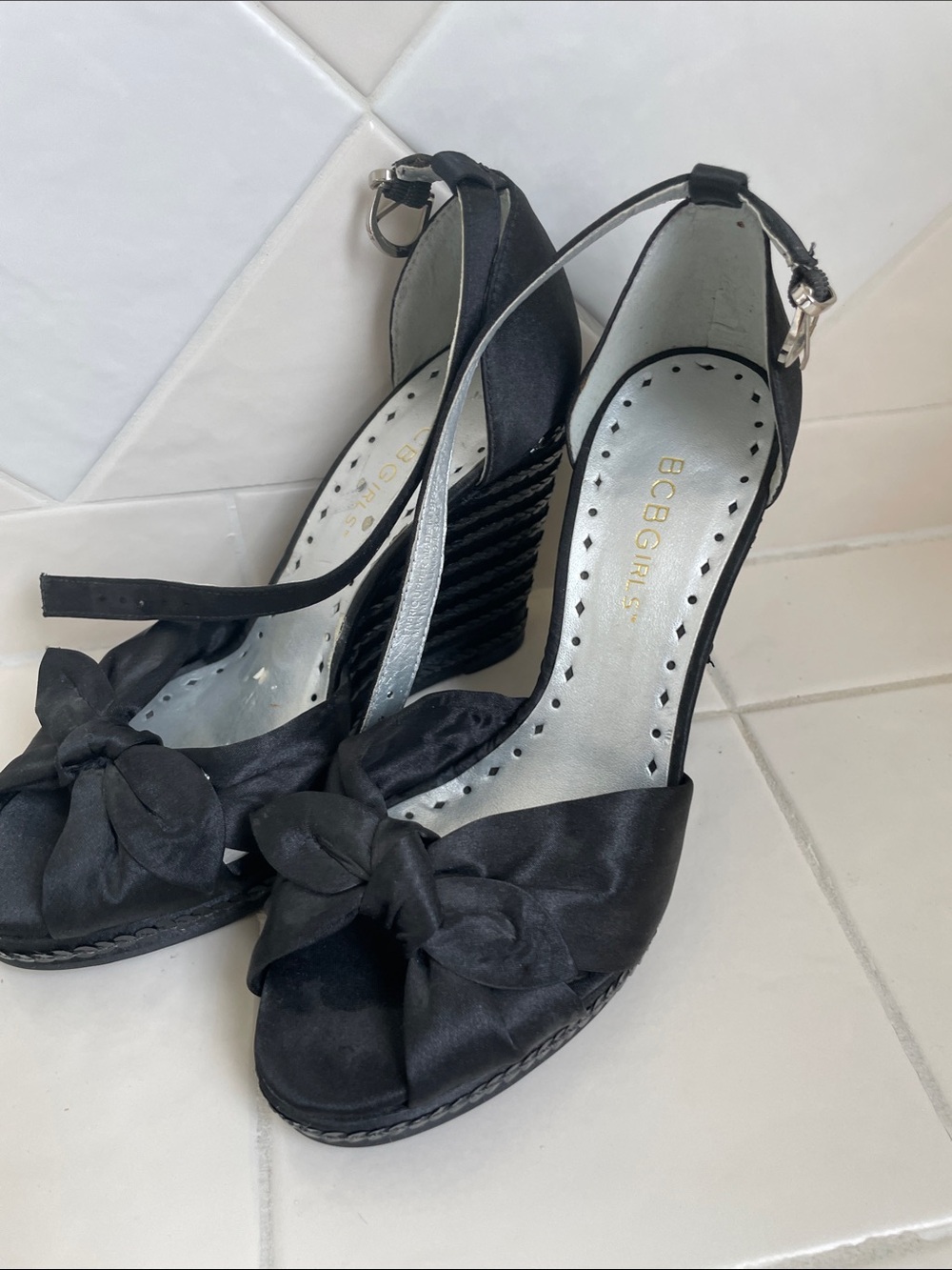 BCBGeneration Black Satin Knot Wedge Sandals with Ankle Strap